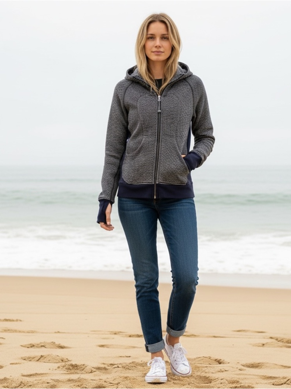 Lululemon Athletica Scuba Polka Dot Hoodie Full Zip Jacket‎ Navy Blue Women's